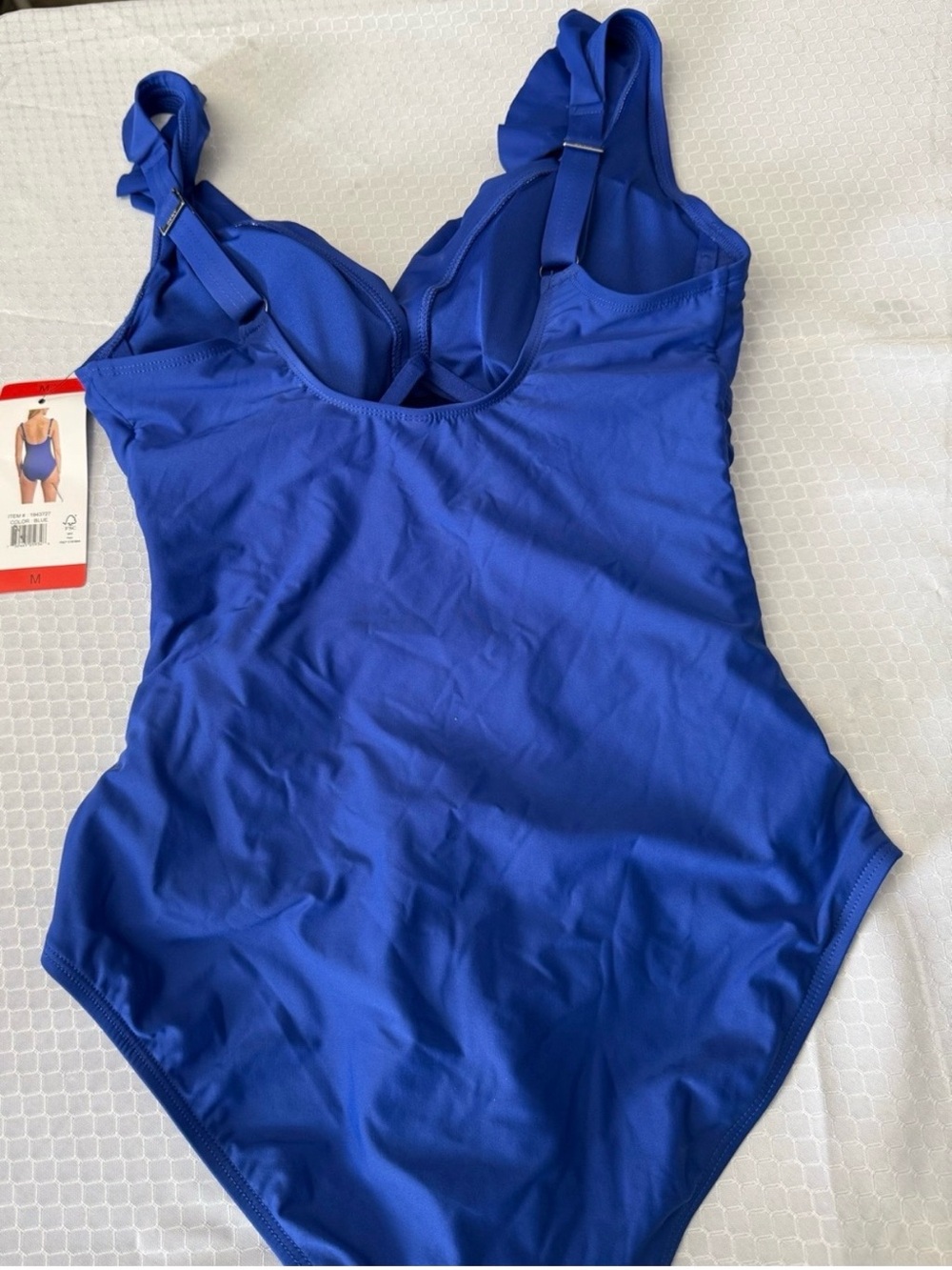 DKNY Royal Blue Ruffled V‑Neck One‑Piece Swimsuit Size M NWT - Picture 5 of 7